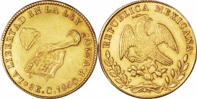 Mexico. Gold. 1854. 8 Escudo. EF. Hand holding Cap on Stick Gold 8 Escudos. 27.07g. .875.