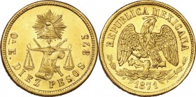 Mexico. Gold. 1871. 10 Peso. EF. Scales of Justice Gold 10 Pesos. 16.92g. .875. 22.50mm.