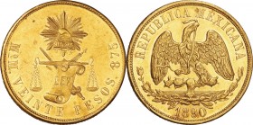 Mexico. Gold. 1890. 20 Peso. EF+. Scales of Justice Gold 20 Pesos. 33.84g. .875. 34.80mm.