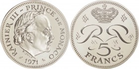 Monaco. Silver. 1971. 5 Franc. Piedfort Proof. PCGS SP70. Rainier III Nickel Piedfort Proof Specimen 5 Francs. 26.00mm.