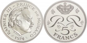 Monaco. Silver. 1974. 5 Franc. Piedfort Proof. PCGS SP67. Rainier III Silver Piedfort Proof Specimen 5 Francs Essai. 39.60g. .920. 26.00mm.