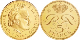 Monaco. Gold. 1974. 5 Franc. Piedfort Proof. PCGS SP65. Rainier III Gold Piedfort Proof Specimen 5 Francs. 39.60g. .920. 29.00mm.