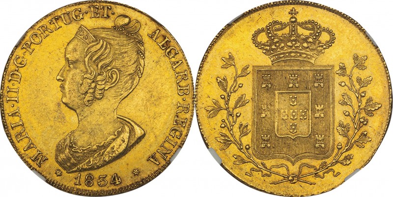 Portugal. Gold. 1834. 6400 Reis. AU. NGC MS62. Maria II Gold 6400 Reis (Peca). 1...