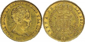 Spain. Gold. 1844. 80 Real. AU. NGC MS62. Isabel II Gold 80 Reales. 6.77g. .875. 21.00mm.