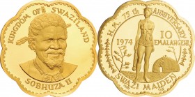Swaziland. Gold. 1974. 10 Emalangeni. Proof. 75th Anniversary of Birth of King Sobhuza II Scalloped Gold Proof 10 Emalangeni. 11.12g. .900.