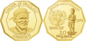 Swaziland. Gold. 1974. 20 Emalangeni. Proof. 75th Anniversary of Birth of King Sobhuza II/UNICEF Decagon Gold Proof 20 Emalangeni. 22.23g. .900.
