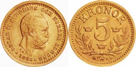 Sweden. Gold. 1886. 20 Kronoｒ. EF. Oscar II Gold 5 Kronor. 2.24g. .900.