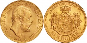 Sweden. Gold. 1901. 10 Kronor. UNC-. Oscar II Gold 10 Kronor. 4.48g. .900. 18.00mm.