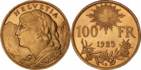 Switzerland. Gold. 1925. 100 Franc. UNC. PCGS MS64. Helvetia Gold 100 Francs. 32.25g. .900. 35.60mm. This superb gem reveals impeccable detail up to t...
