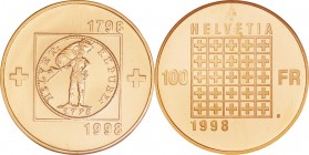 Switzerland. Gold. 1998. 100 Franc. UNC Proof. NGC PF69 CAMEO. 200th anniversary of Helvetian Republic Gold Proof 100 Francs. 22.58g. .900. 27.80mm.
