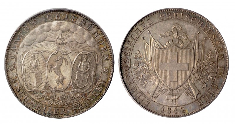 Switzerland. Silver. 1842. 4 Franken. UNC+. PCGS MS66. Swiss Shooting Festival G...