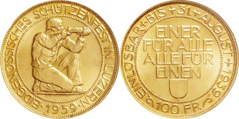 Switzerland. Gold. 1939. 100 Franc. UNC. NGC MS64. Swiss Shooting Festival Lucer...