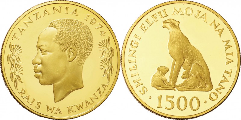 Tanzania. Gold. 1974. 1500 Shilling. Proof. WWF -Cheetahs- Gold Proof 1500 Shili...