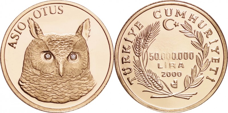 Turkey. Gold. 2000. 50000000 Lira. Proof. Asio Otus-Owl -Diamonds Eyes- Gold Pro...