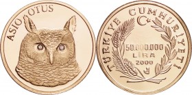 Turkey. Gold. 2000. 50000000 Lira. Proof. Asio Otus-Owl -Diamonds Eyes- Gold Proof 50000000 Lira. 7.78g. .750. 25.00mm. w/o Box.