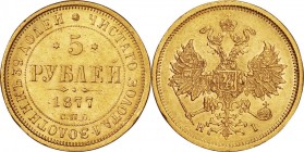 Russian Empire. Gold. 1877. 5 Rouble. EF. Double Head Eagle Gold 5 Roubles. 6.54g. .917. 22.80mm.