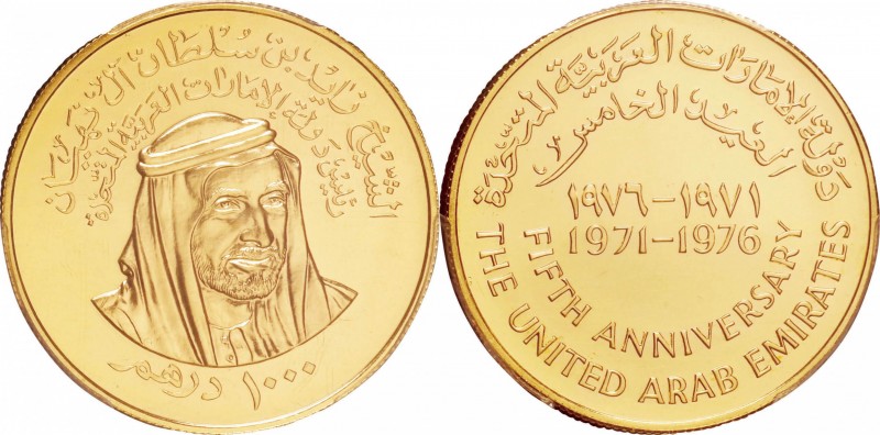 UAE. Gold. ND(1976). 1000 Dirham. UNC Proof. PCGS PR64. 5th Anniversary - United...