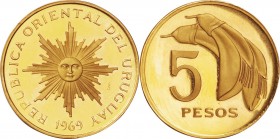 Uruguay. Gold. 1969. 5 Peso. Proof. Gold Proof Pattern 5 Pesos. .750. 20.00mm.