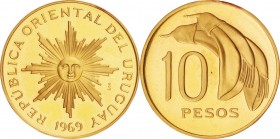 Uruguay. Gold. 1969. 10 Peso. Proof. Gold Proof Pattern 10 Pesos. .750. 23.00mm.