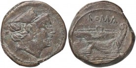 ROMANE REPUBBLICANE - ANONIME - Monete senza simboli (dopo 211 a.C.) - Semuncia - Testa di Mercurio a d. /R Prua di nave a s.; sopra, ROMA Cr. 56/8; S...