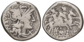 ROMANE REPUBBLICANE - ATILIA - M. Atilius Saranus (148 a.C.) - Denario - Testa di Roma a d. /R I Dioscuri a cavallo verso d. B. 9; Cr. 214/1a,b (AG g....
