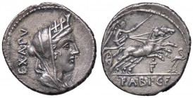 ROMANE REPUBBLICANE - FABIA - C. Fabius C. f. Hadrianus (102 a.C.) - Denario - Testa di Cibele a d. /R La Vittoria su biga verso d.; davanti, l'uccell...