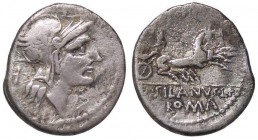 ROMANE REPUBBLICANE - JUNIA - D. Junius Silanus L. f. (91 a.C.) - Denario - Testa di Roma a d. /R La Vittoria su biga a d. B. 15; Cr. 337/3 (AG g. 3,6...