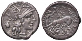 ROMANE REPUBBLICANE - POMPEIA - Sex. Pompeius Fostlus (137 a.C.) - Denario - Testa di Roma a d.; dietro, vaso per il latte /R La lupa allatta Romolo e...