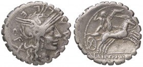 ROMANE REPUBBLICANE - PORCIA - L. Porcius Licinius (118 a.C.) - Denario serrato - Testa di Roma a d. /R Il Re gallo Bituito su biga a d. B. 8; Cr. 282...