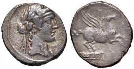 ROMANE REPUBBLICANE - TITIA - Q. Titius (90 a.C.) - Denario - Testa di Bacco a d. /R Pegaso in volo a d. B. 2; Cr. 341/2 (AG g. 3,86)

BB+