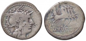 ROMANE REPUBBLICANE - TULLIA - M. Tullius (120 a.C.) - Denario - Testa di Roma a d. /R La Vittoria su quadriga verso d. sopra una corona e sotto X B. ...