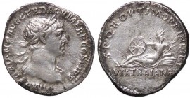 ROMANE IMPERIALI - Traiano (98-117) - Denario - Busto laureato a d. /R Donna sdraiata a s. guarda all'indietro con ruota e rosa C. 648; RIC 266 (AG g....