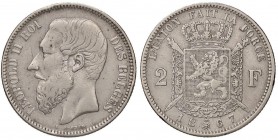 ESTERE - BELGIO - Leopoldo II (1865-1909) - 2 Franchi 1867 Kr. 30.1 AG Colpetto

Colpetto

BB