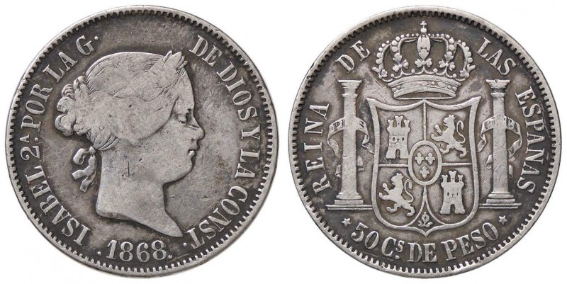 ESTERE - FILIPPINE - Isabella II (1833-1868) - 50 Centesimi 1868 Kr. 147 AG Colp...