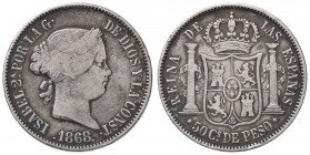 ESTERE - FILIPPINE - Isabella II (1833-1868) - 50 Centesimi 1868 Kr. 147 AG Colpetto

Colpetto

meglio di MB