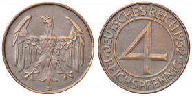 ESTERE - GERMANIA - Repubblica di Weimar (1919-1933) - 4 Pfennig 1932 A Kr. 75 R CU Colpetto

Colpetto

BB