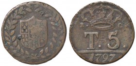 ZECCHE ITALIANE - NAPOLI - Ferdinando IV di Borbone (primo periodo, 1759-1799) - 5 Tornesi 1797 Gig. 122a RRR CU Senza la P

Senza la P - 

qBB