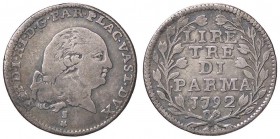 ZECCHE ITALIANE - PARMA - Ferdinando di Borbone (1765-1802) - 3 Lire 1792 CNI 120; MIR 1076/3 R AG

MB/qBB