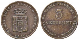ZECCHE ITALIANE - PARMA - Maria Luigia (1815-1847) - 3 Centesimi 1830 Pag. 15; Mont. 125 RR CU

BB