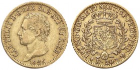 SAVOIA - Carlo Felice (1821-1831) - 20 Lire 1826 T Pag. 52; Mont. 37 (AU g. 6,42) Colpetto

Colpetto

qBB/BB