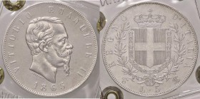 SAVOIA - Vittorio Emanuele II Re d'Italia (1861-1878) - 5 Lire 1865 T Pag. 487; Mont. 167 R AG Sigillata Gianfranco Erpini senza conservazione

Sigi...