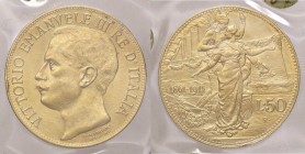 SAVOIA - Vittorio Emanuele III (1900-1943) - 50 Lire 1911 Cinquantenario Pag. 656; Mont. 34 R AU Sigillata Aurora Bertrando con la nota "colpetto"

...