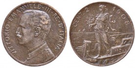 SAVOIA - Vittorio Emanuele III (1900-1943) - 2 Centesimi 1908 Prora Pag. 931; Mont. 404 RR CU

BB+