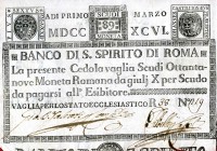 CARTAMONETA - STATO PONTIFICIO - Banco di S. Spirito di Roma (1786-1796) Tagli da 5 a 100 scudi Gav. 12 R da 89 scudi

da 89 scudi -

bello SPL