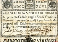 CARTAMONETA - STATO PONTIFICIO - Banco di S. Spirito di Roma (1786-1796) Tagli da 5 a 100 scudi Gav. 12 R da 22 scudi

da 22 scudi -

meglio di MB