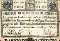 CARTAMONETA - STATO PONTIFICIO - Banco di S. Spirito di Roma (1786-1796) Tagli da 5 a 100 scudi Gav. 12 R da 19 scudi

da 19 scudi -

meglio di MB