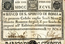 CARTAMONETA - STATO PONTIFICIO - Banco di S. Spirito di Roma (1786-1796) Tagli da 5 a 100 scudi Gav. 12 R da 9 scudi

da 9 scudi -

meglio di MB