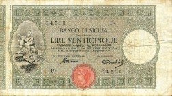 CARTAMONETA - SICILIA - Banco di Sicilia - Biglietti al portatore (1866-1867) - 25 Lire 06/08/1918 Gav. 261 RR Mornino/Bartolotti Strappo a s.

Morn...