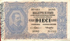 CARTAMONETA - BIGLIETTI DI STATO - Vittorio Emanuele III (1900-1943) - 10 Lire 29/07/1918 - Serie 2881-3760 Alfa 79; Lireuro 17E R Giu.Dell'Ara/Porena...