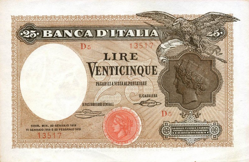 CARTAMONETA - BANCA d'ITALIA - Vittorio Emanuele III (1900-1943) - 25 Lire 22/01...